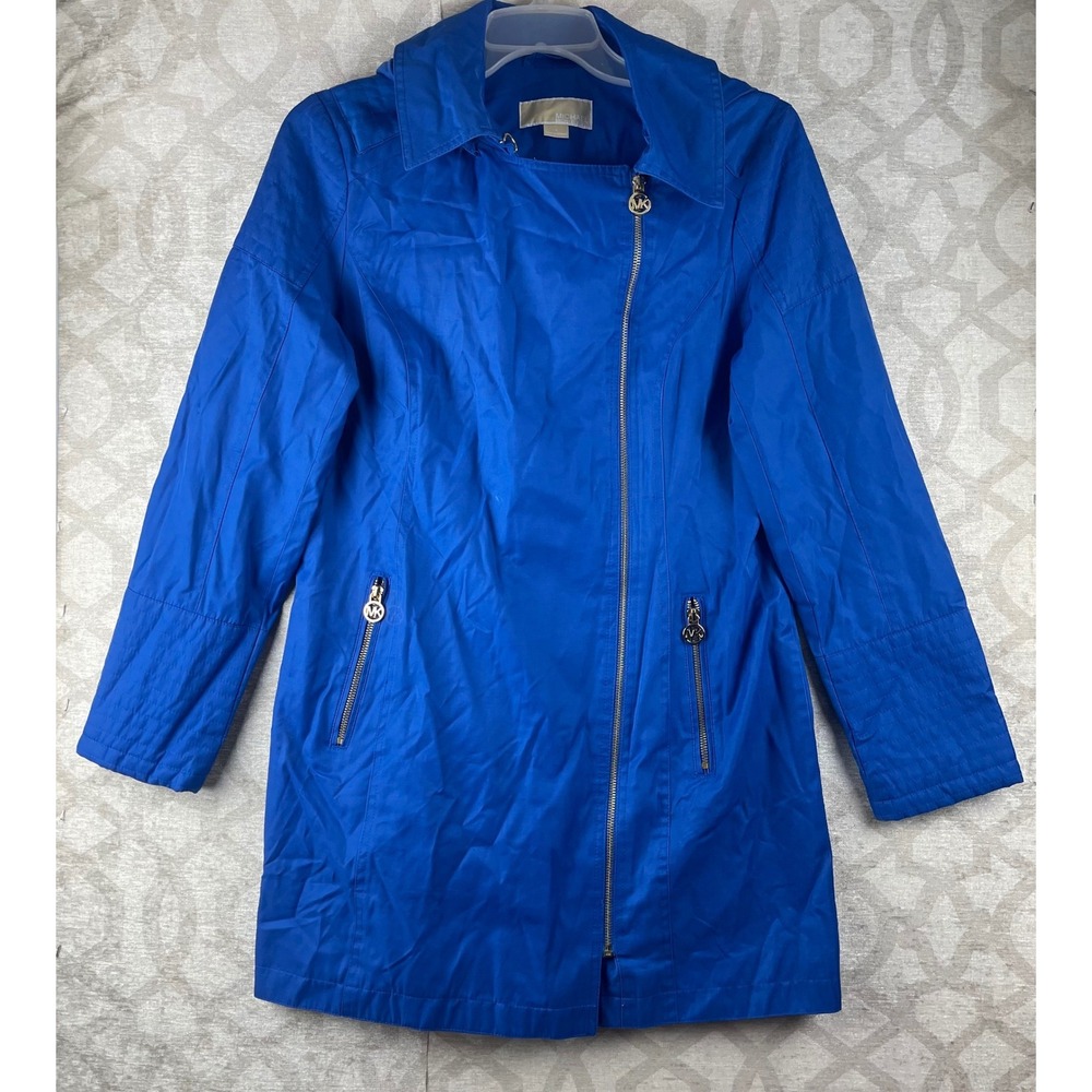 Michael Kors Asymmetric Zip Hooded Trench Coat Women Medium Blue Excellent Moto